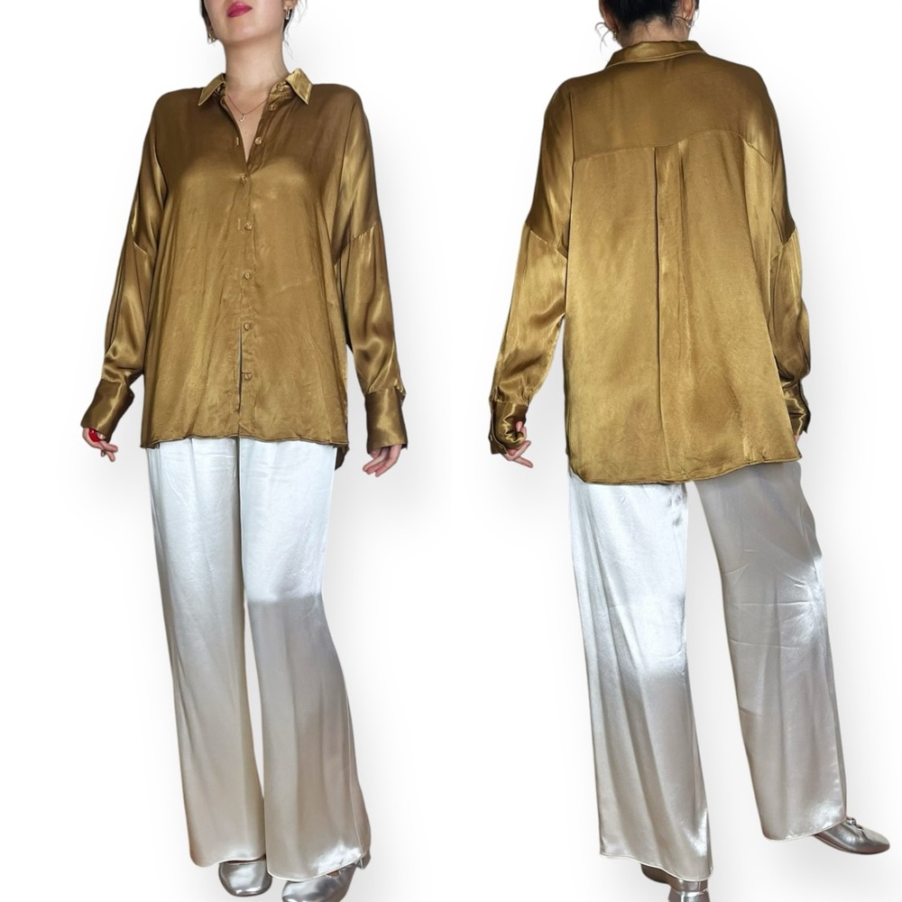 DISSH Simone Pearl Satin Shirt in Golden Olive Chartreuse Size 6 - Picture 5 of 16